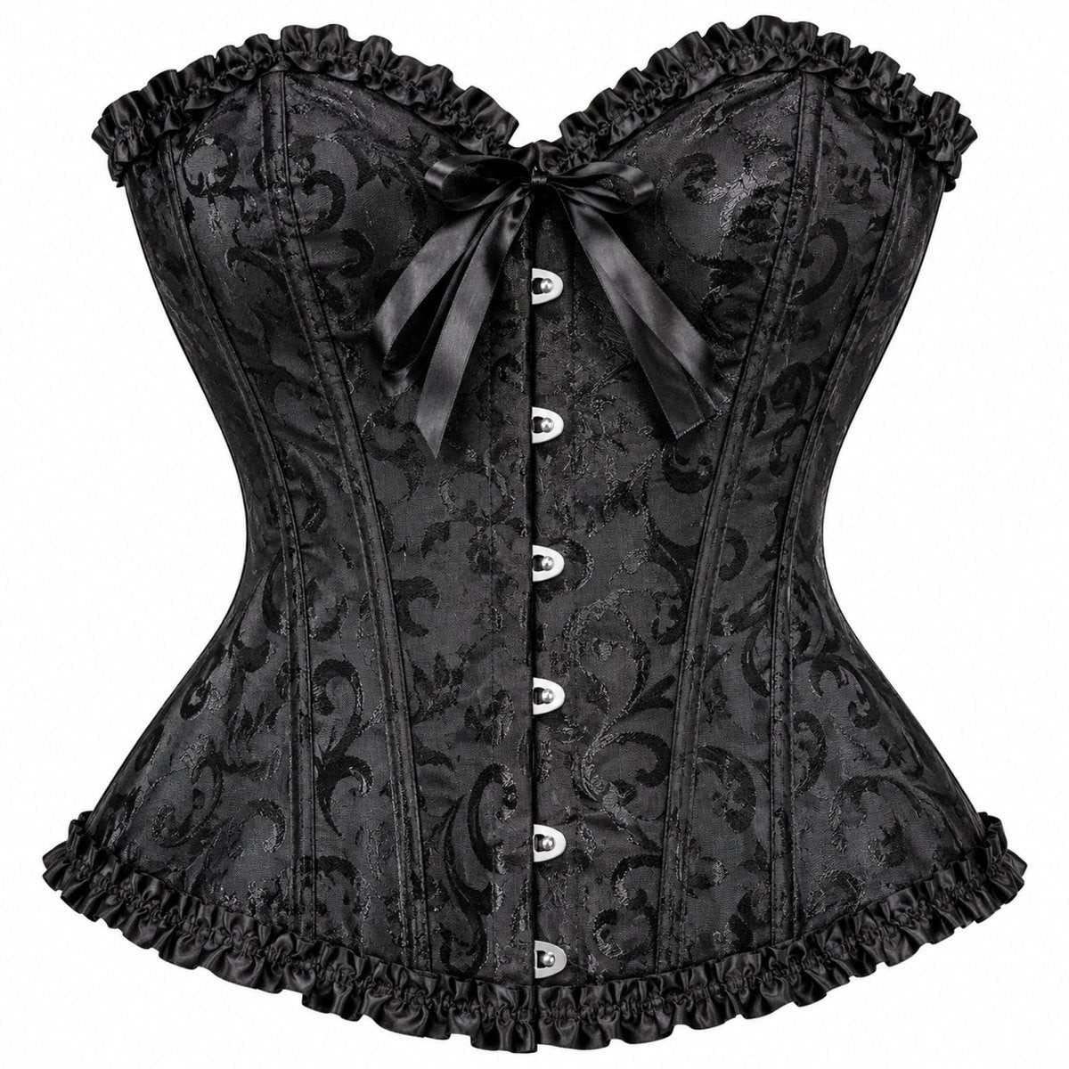 Black Satin Brocade Lace Up Back Corset for Adults