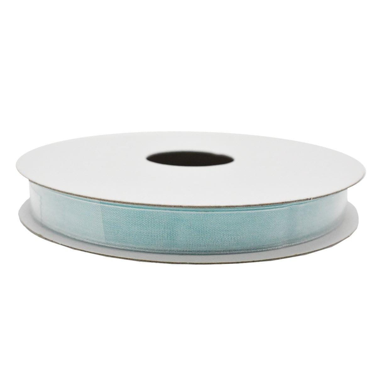 Blue organza ribbon roll with satin trim, 25 yards