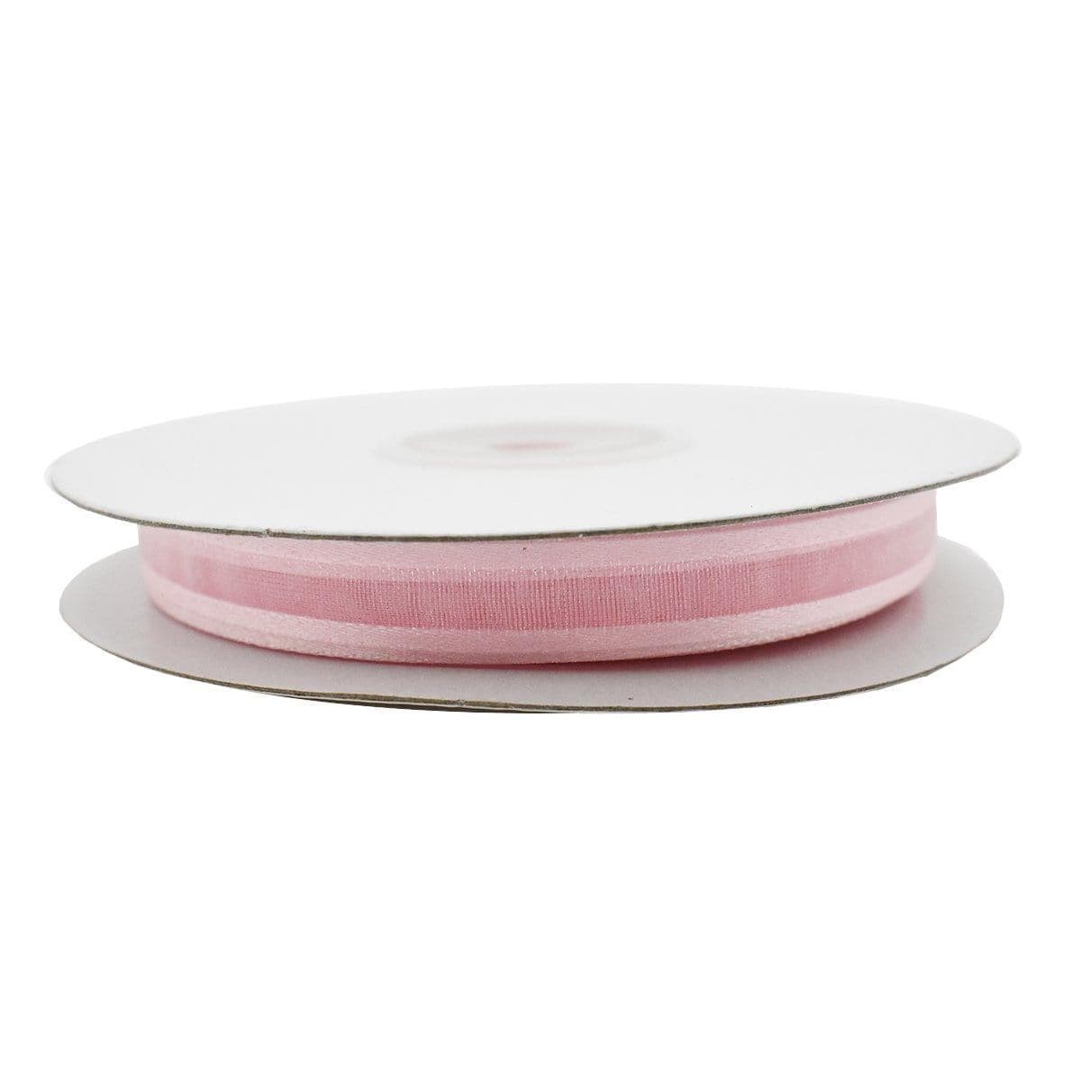 Pink organza ribbon roll with satin trim, 25 yards