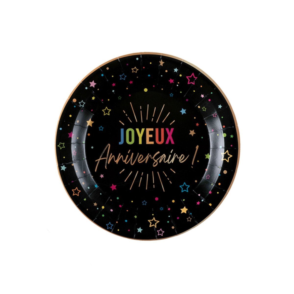 Black "Joyeux Anniversaire" Round Dessert Paper Plates, 7 Inches, 6 Count