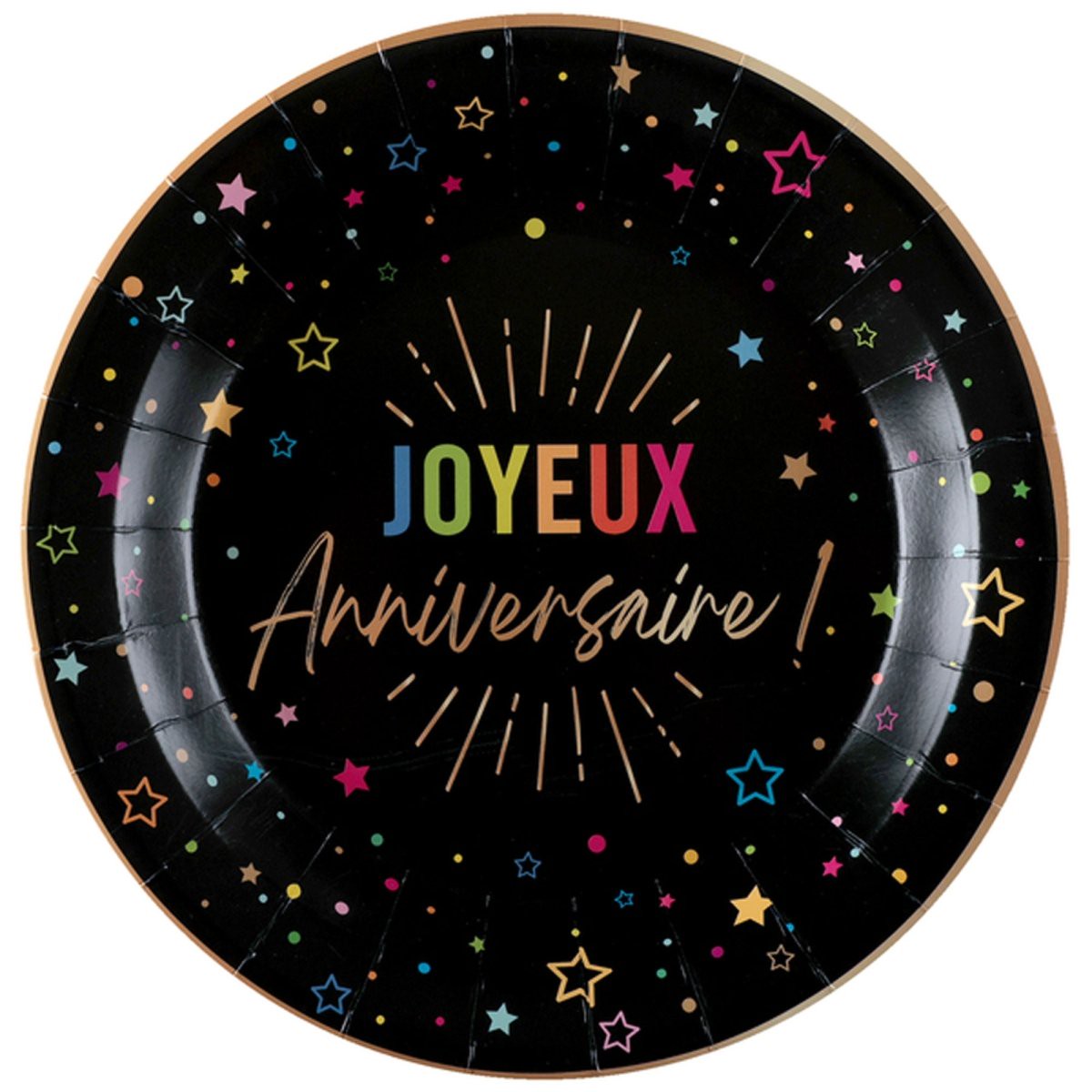 Black "Joyeux Anniversaire" Round Lunch Paper Plates, 9 Inches, 6 Count