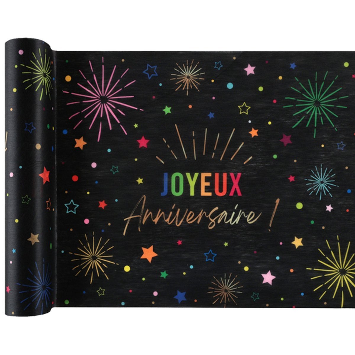 Black "Joyeux Anniversaire" Table Runner, 118 Inches, 1 Count